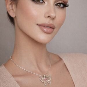 Silver Tone Round Snake Chain‎ Pink Rhinestone Butterfly Pendant Necklace
